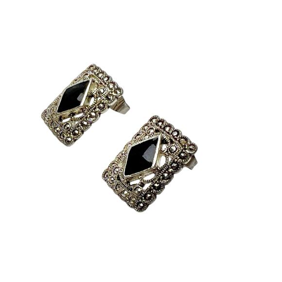 Earrings Silver Tone Filigree Faux Marcasite Black Stone Pierced Art Deco Style - Picture 7 of 8